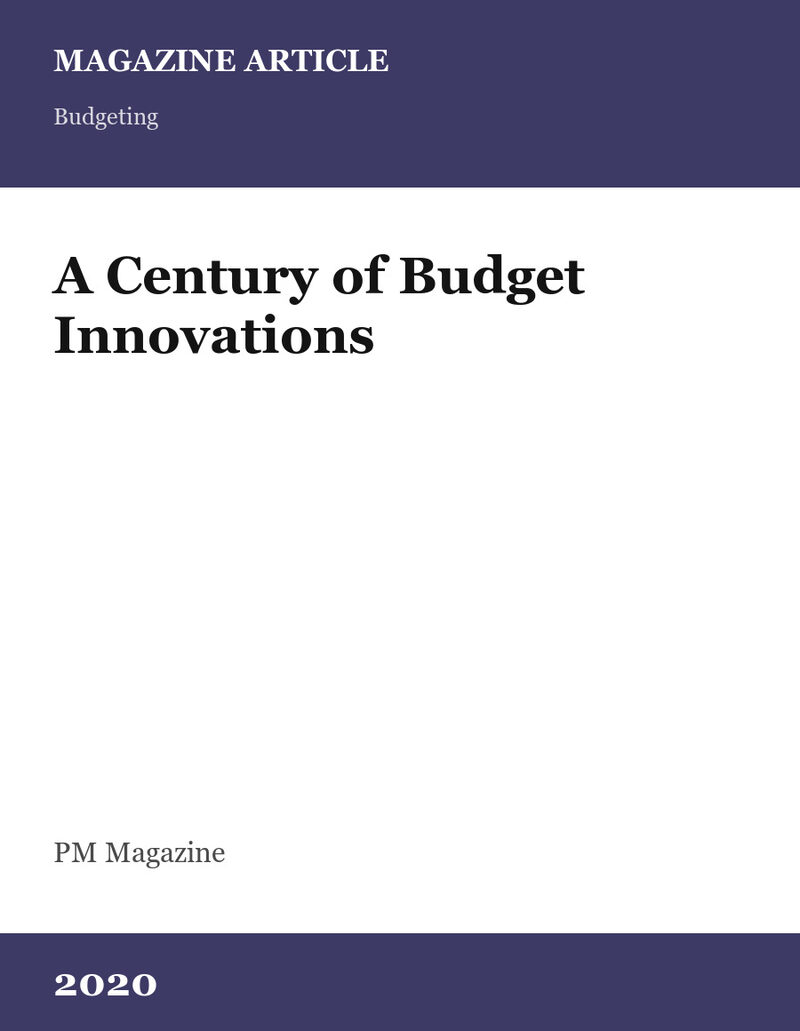 Cover card for A Century of Budget Innovations, a magazine article in PM Magazine